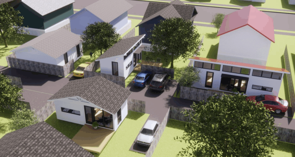 Examples of the four included Urban Cottage designs integrated into a typical Seattle neighborhood setting.