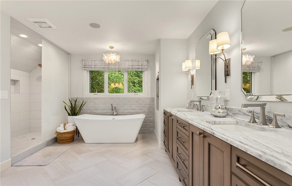 Primary Bath with soaking tub and custom vanity