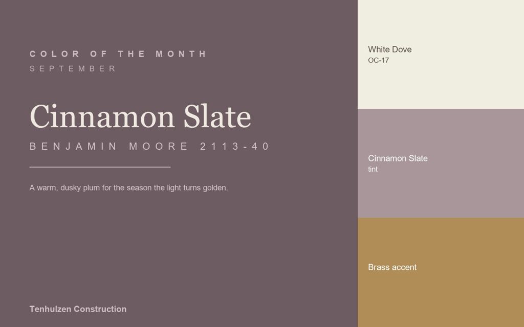 Benjamin Moore Cinnamon Slate 2113-40 paint color swatch with White Dove OC-17 and brass accent, September color of the month