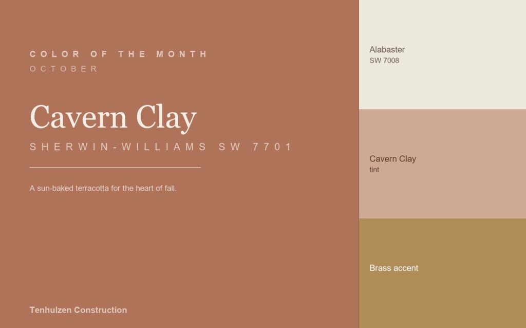 Sherwin-Williams Cavern Clay SW 7701 terracotta paint swatch with Alabaster SW 7008 and brass accent, October color of the month