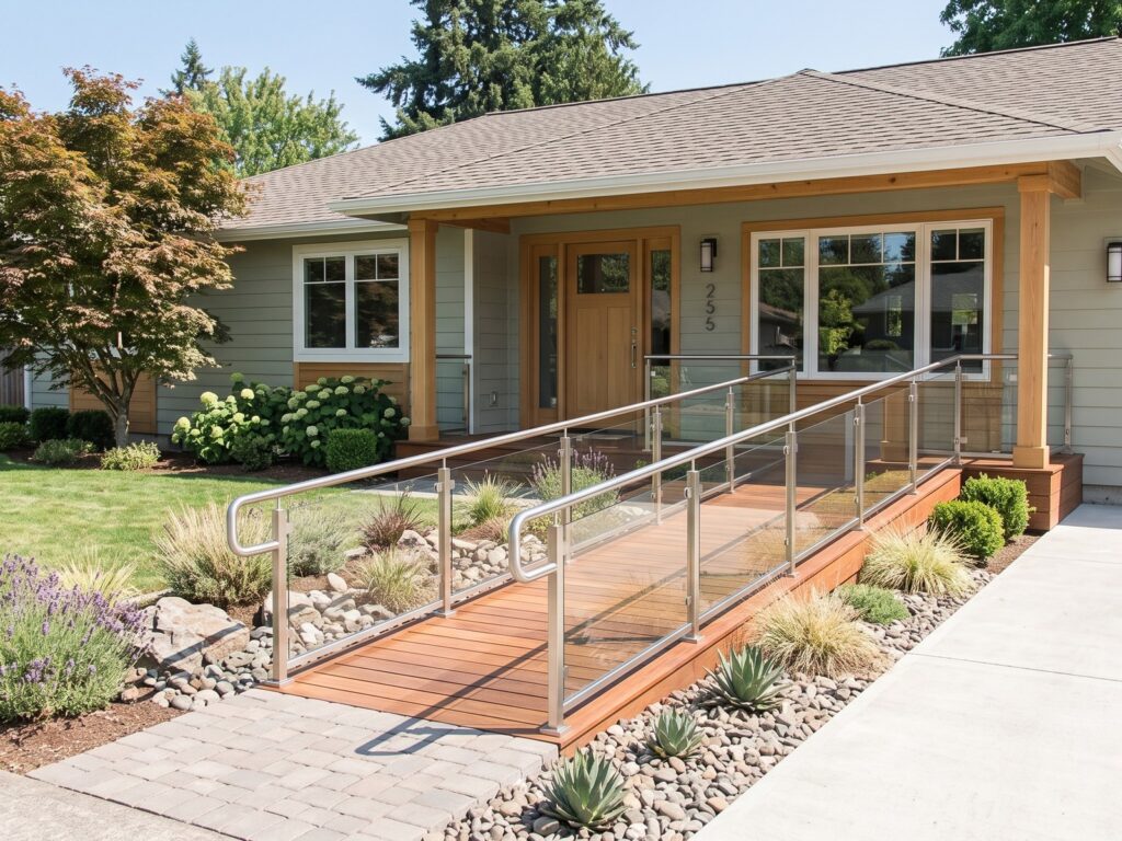 Accessible ramp with stainless and glass handrails leading to the front door of a single story home, an aging in place entrance